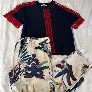 Tory Burch Women’s Navy knit Tee with Red Accents and silk pants.